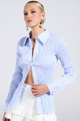 BABY BLUE PINSTRIPE RUCHED BUTTON DOWN