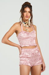 BABY DOLL RUCHED SATIN HALTER TOP