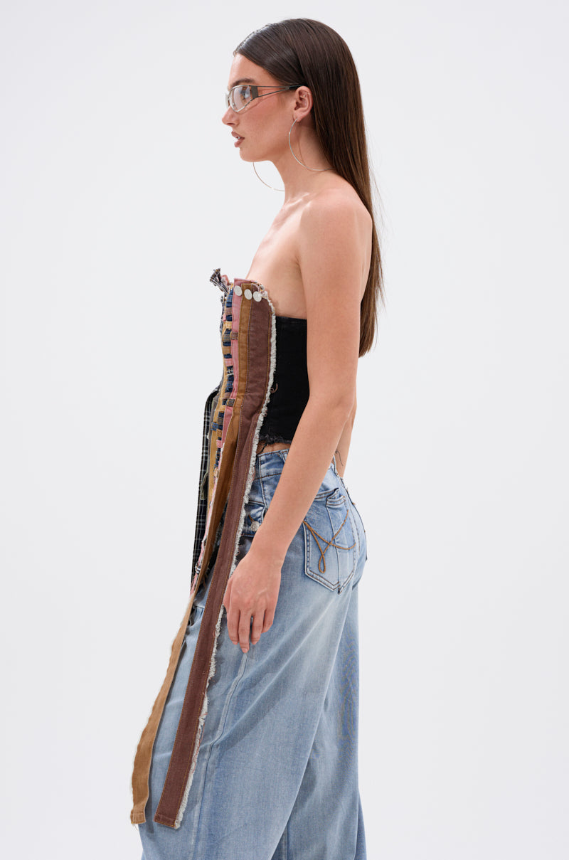 A LOT GOING ON DENIM TOP