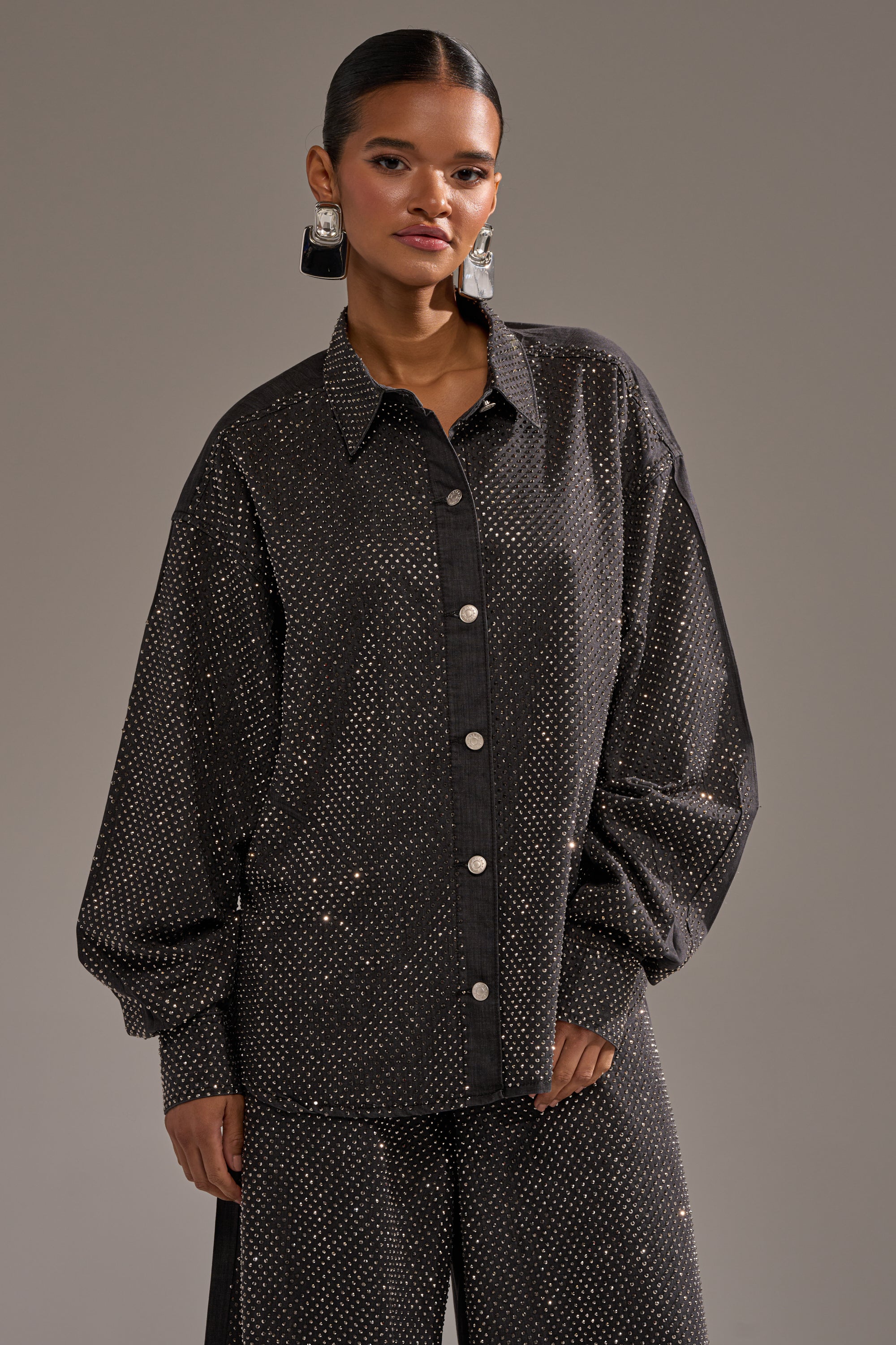 BLING BLING DENIM BUTTON DOWN TOP IN BLACK