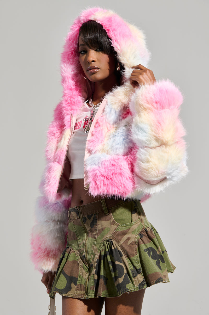 COTTON CANDY SKIES MULTI FAUX FUR BOMBER