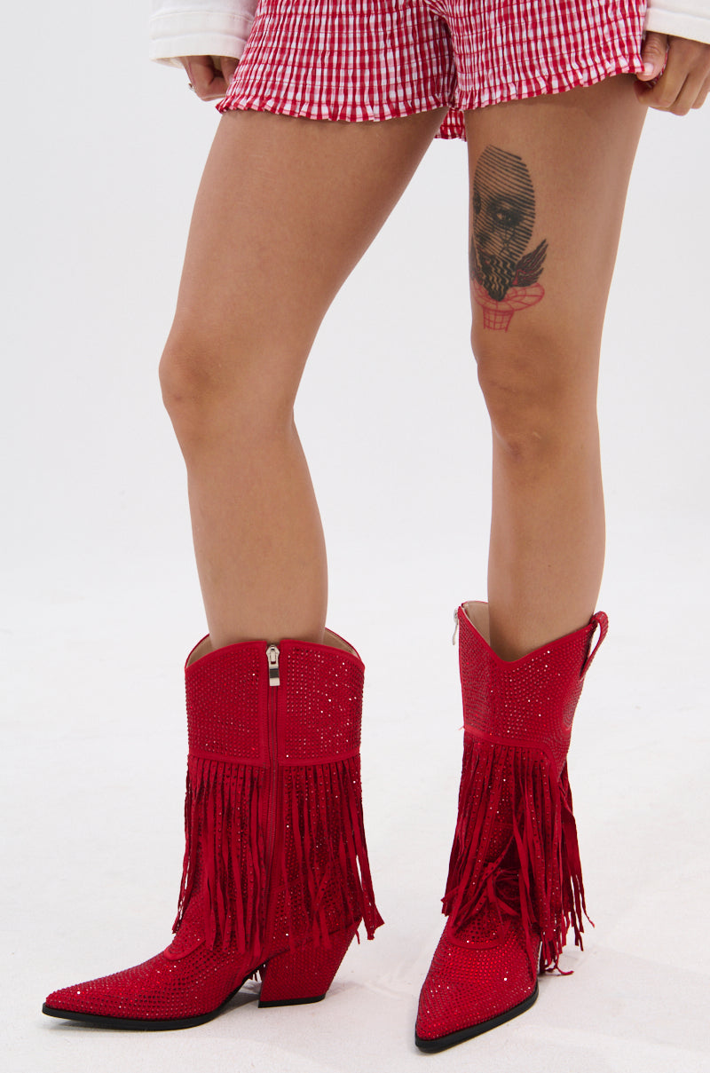 AZALEA WANG GREIA RED RHINESTONE COWBOY BOOTIE