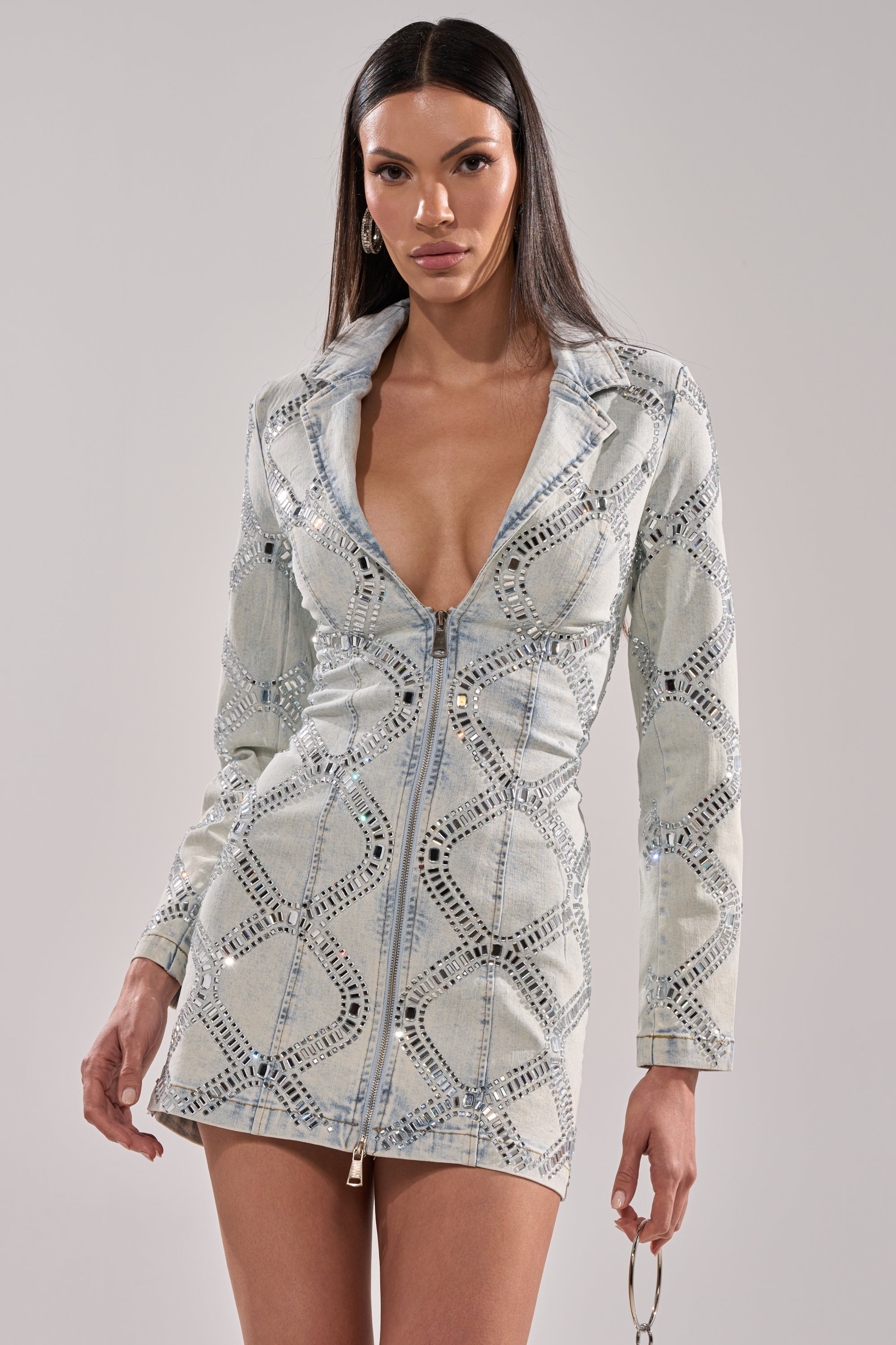 LOOK AT ME RHINESTONE BLAZER DRESS IN LIGHT BLUE DENIM