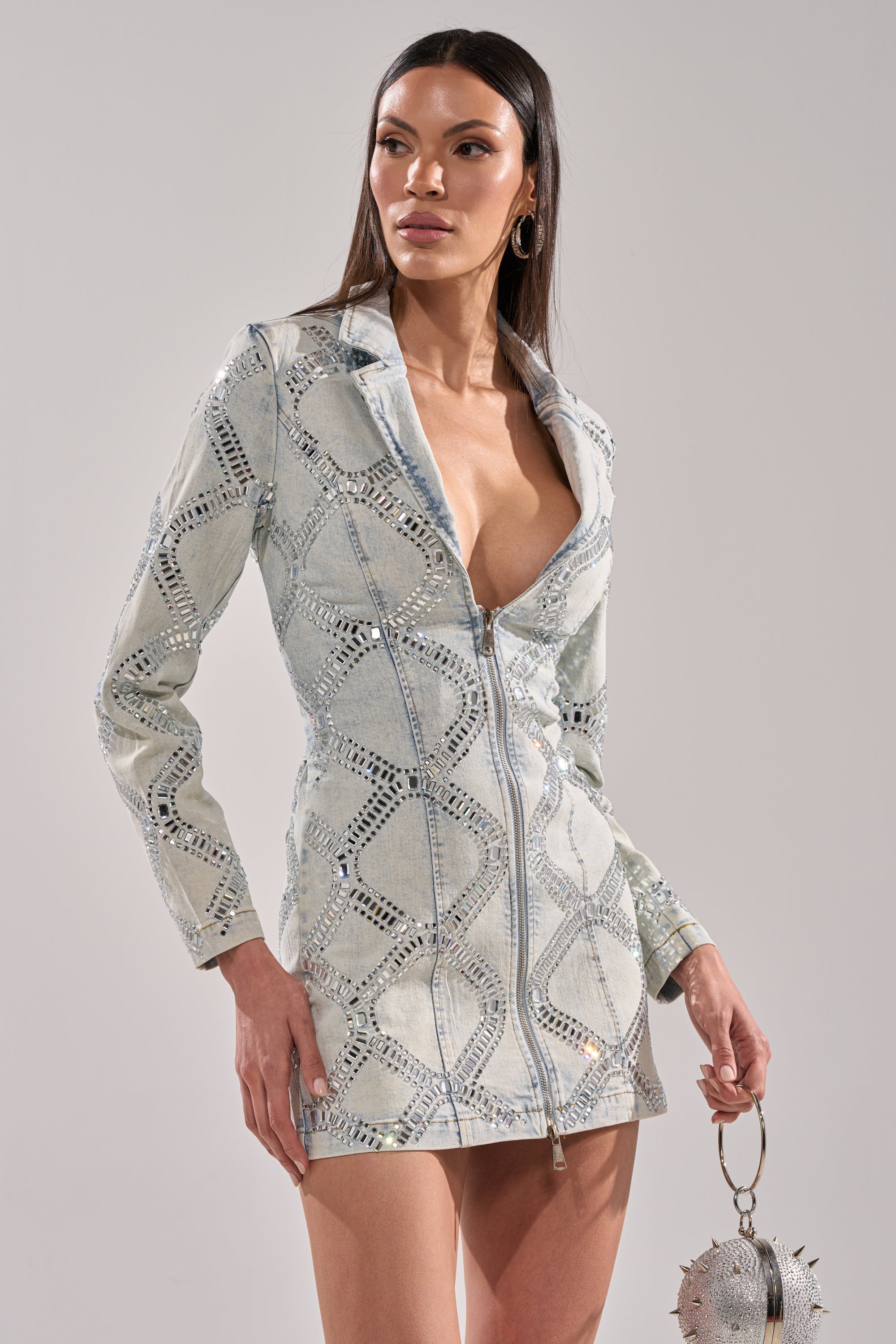 LOOK AT ME RHINESTONE BLAZER DRESS IN LIGHT BLUE DENIM