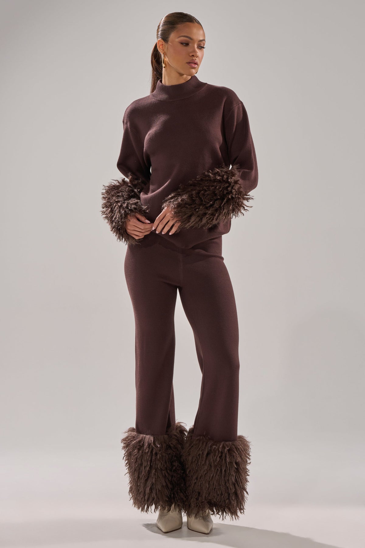 COZY VIBES SWEATER PANT WITH FUR CUFF IN BROWN