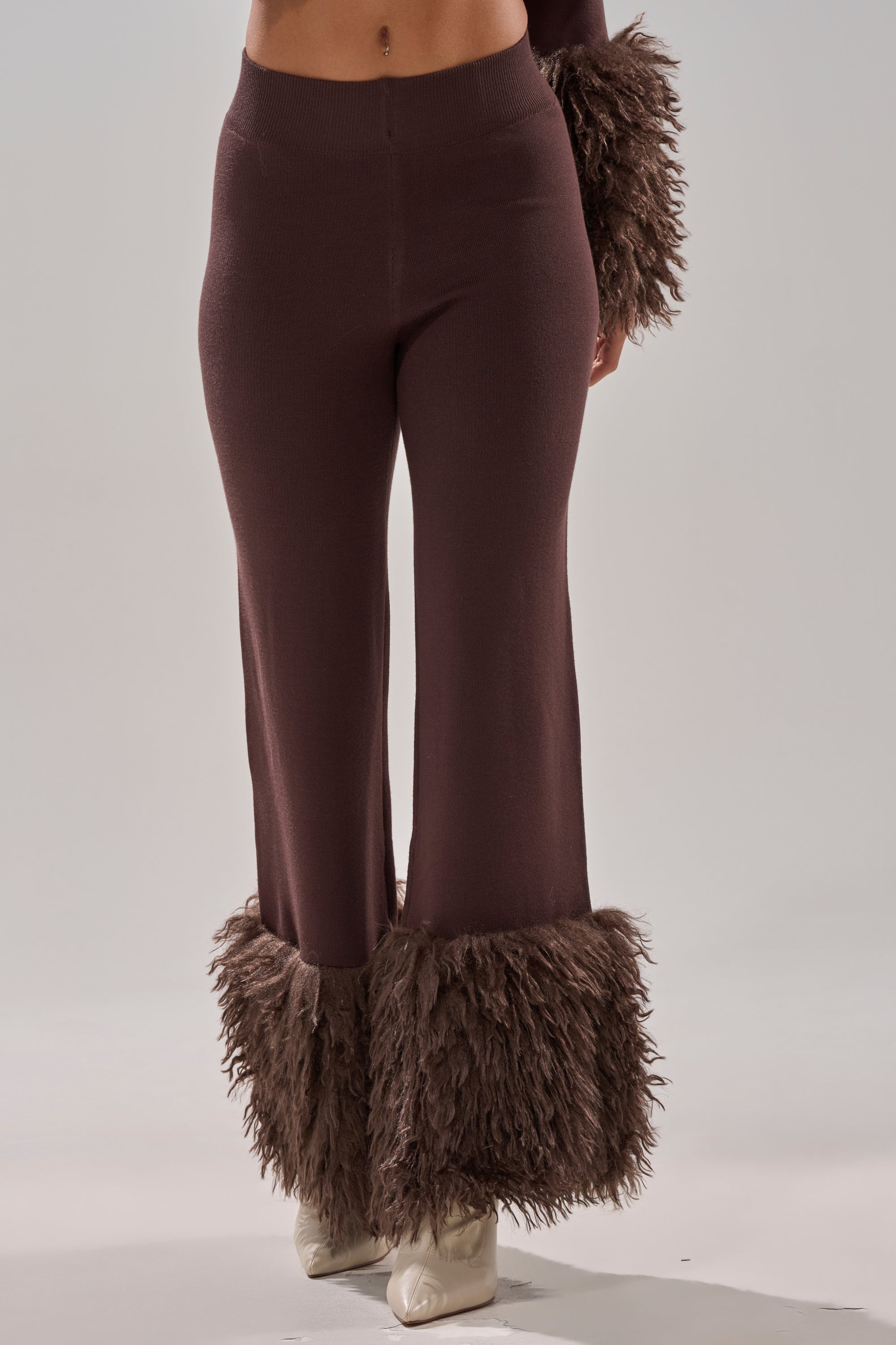 COZY VIBES SWEATER PANT WITH FUR CUFF IN BROWN