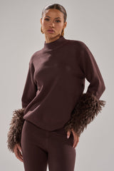 COZY VIBES SWEATER WITH FUR CUFF IN BROWN