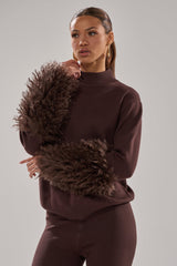 COZY VIBES SWEATER WITH FUR CUFF IN BROWN