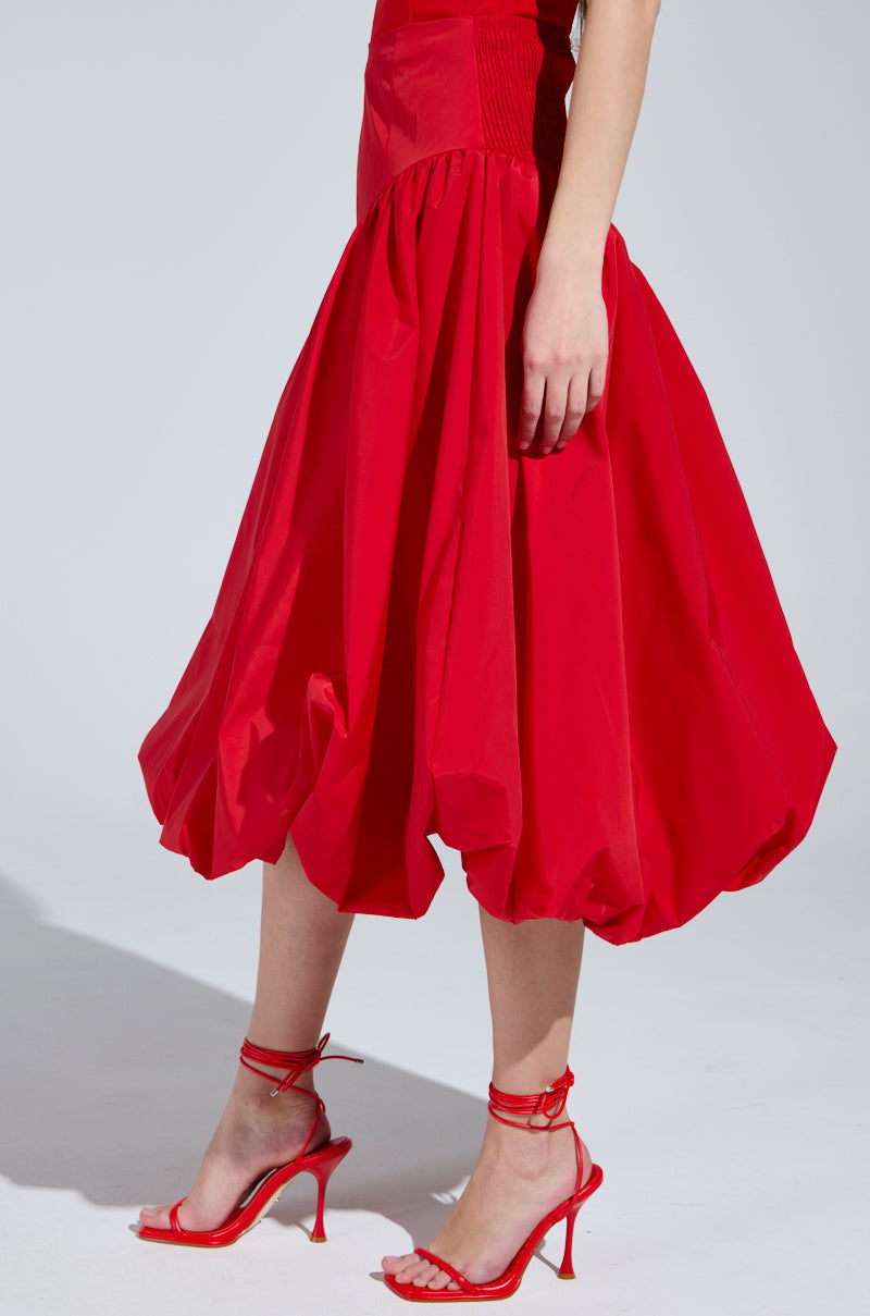 I FOUND YOU DROP WAIST MIDI SKIRT IN RED