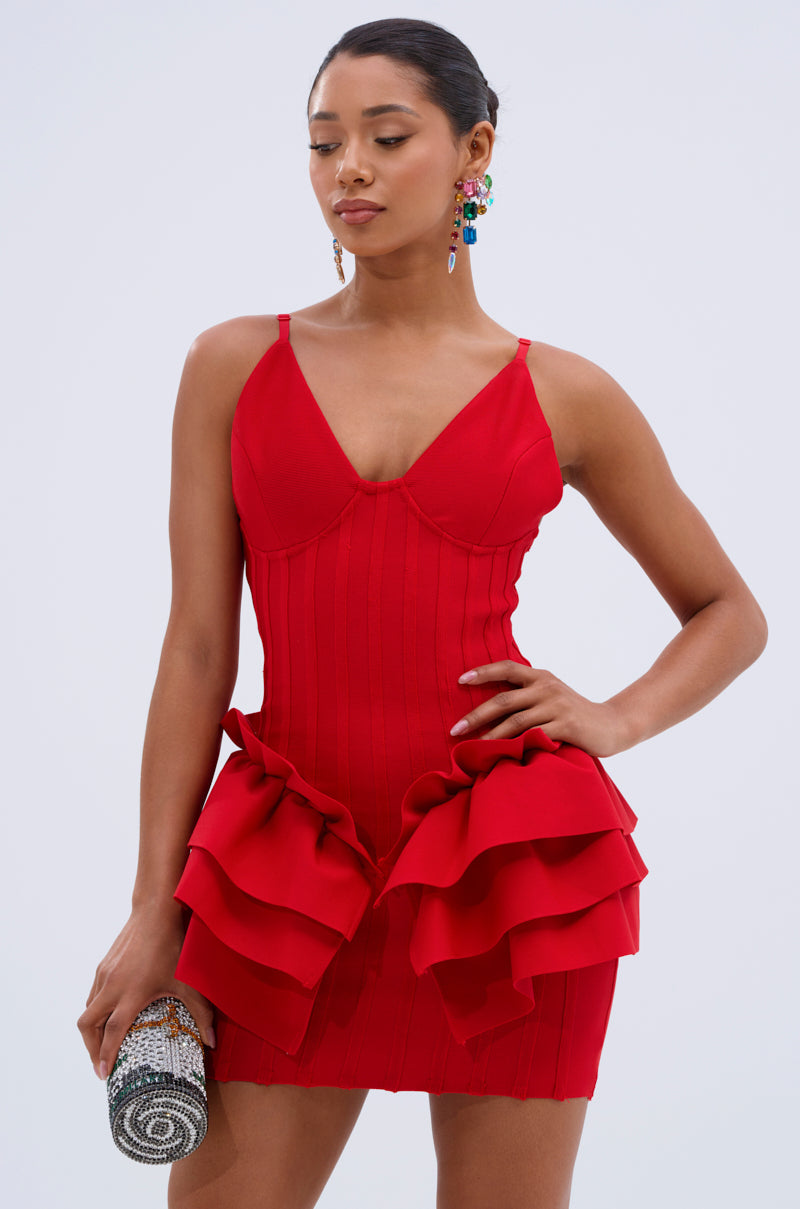 FELT CUTE RUFFLE BANDAGE MINI DRESS