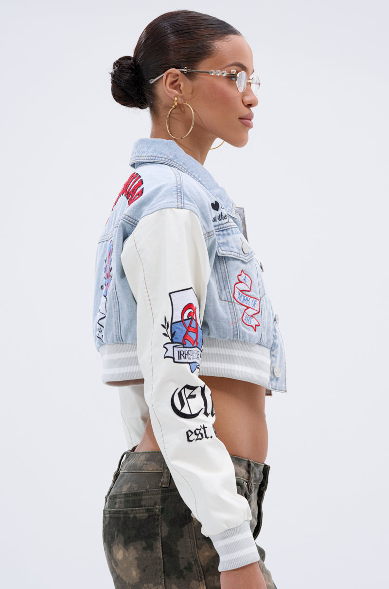 OFF CAMPUS DENIM CROP BOMBER