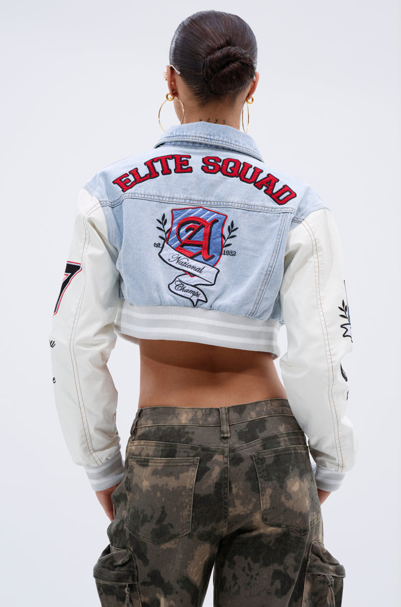OFF CAMPUS DENIM CROP BOMBER