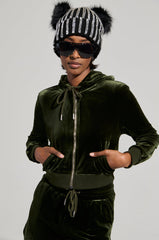 BRAT RHINESTONE VELVET OLIVE ZIP UP SWEATSHIRT