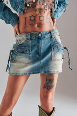 CROWN BELTED DENIM MINI SKIRT