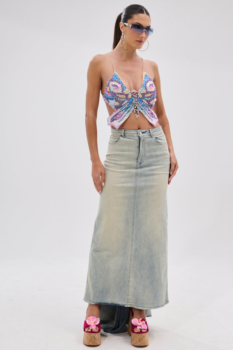 OH THE DRAMA BACK BOW DENIM MAXI SKIRT WITH TRAIN