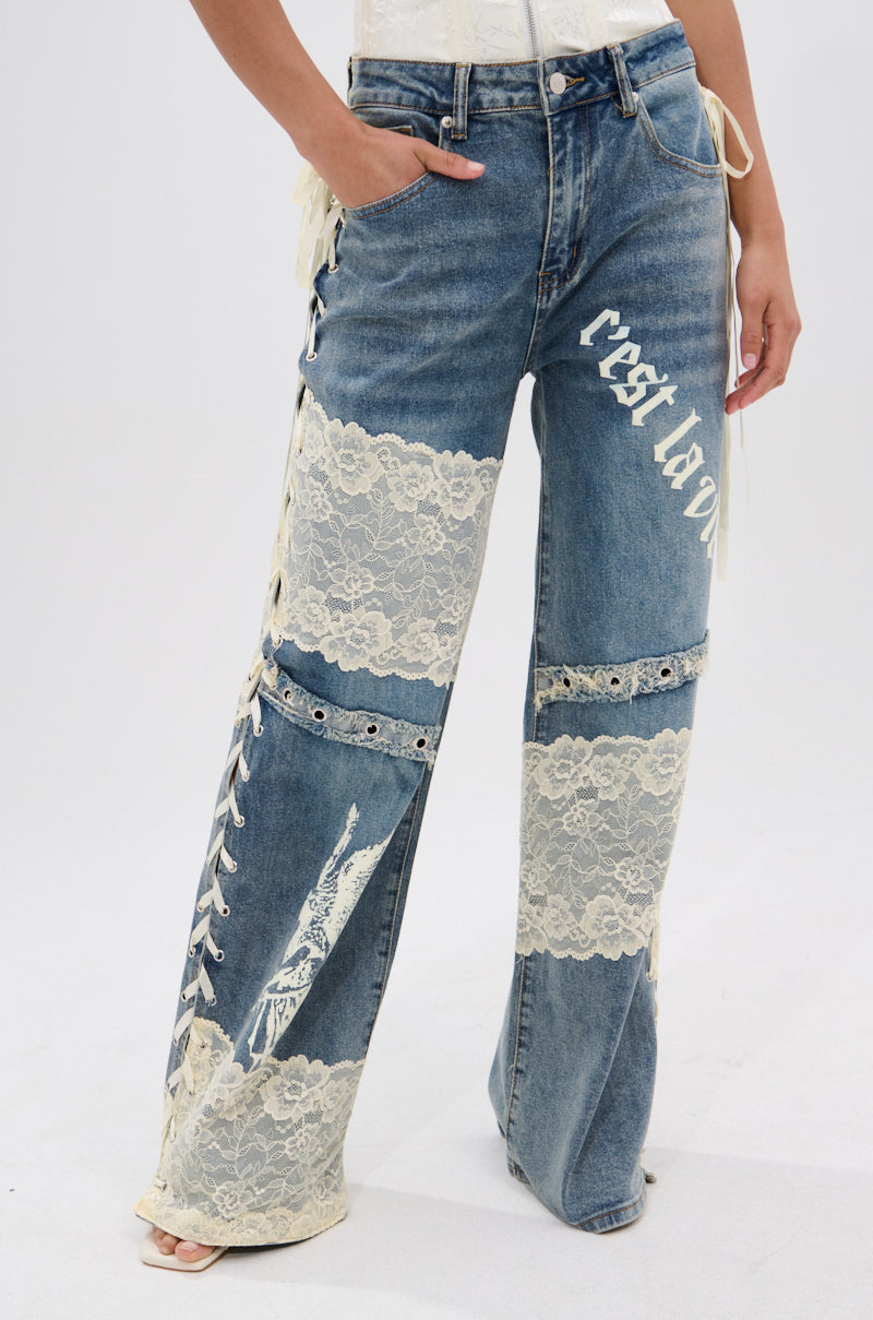 FEMME FATALE PRINTED AND LACE UP DETAIL DENIM JEANS