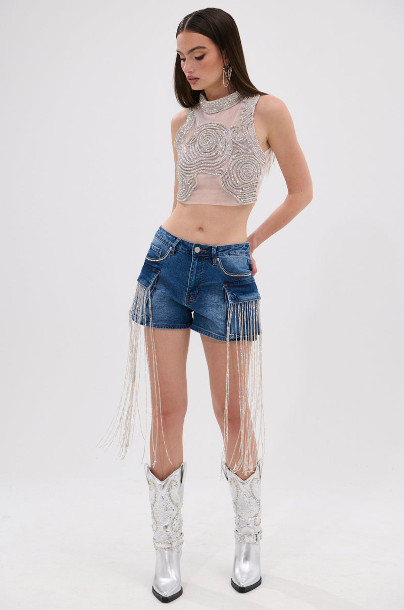 DANCING ALL NIGHT LONG DENIM EMBELLISHED SHORT