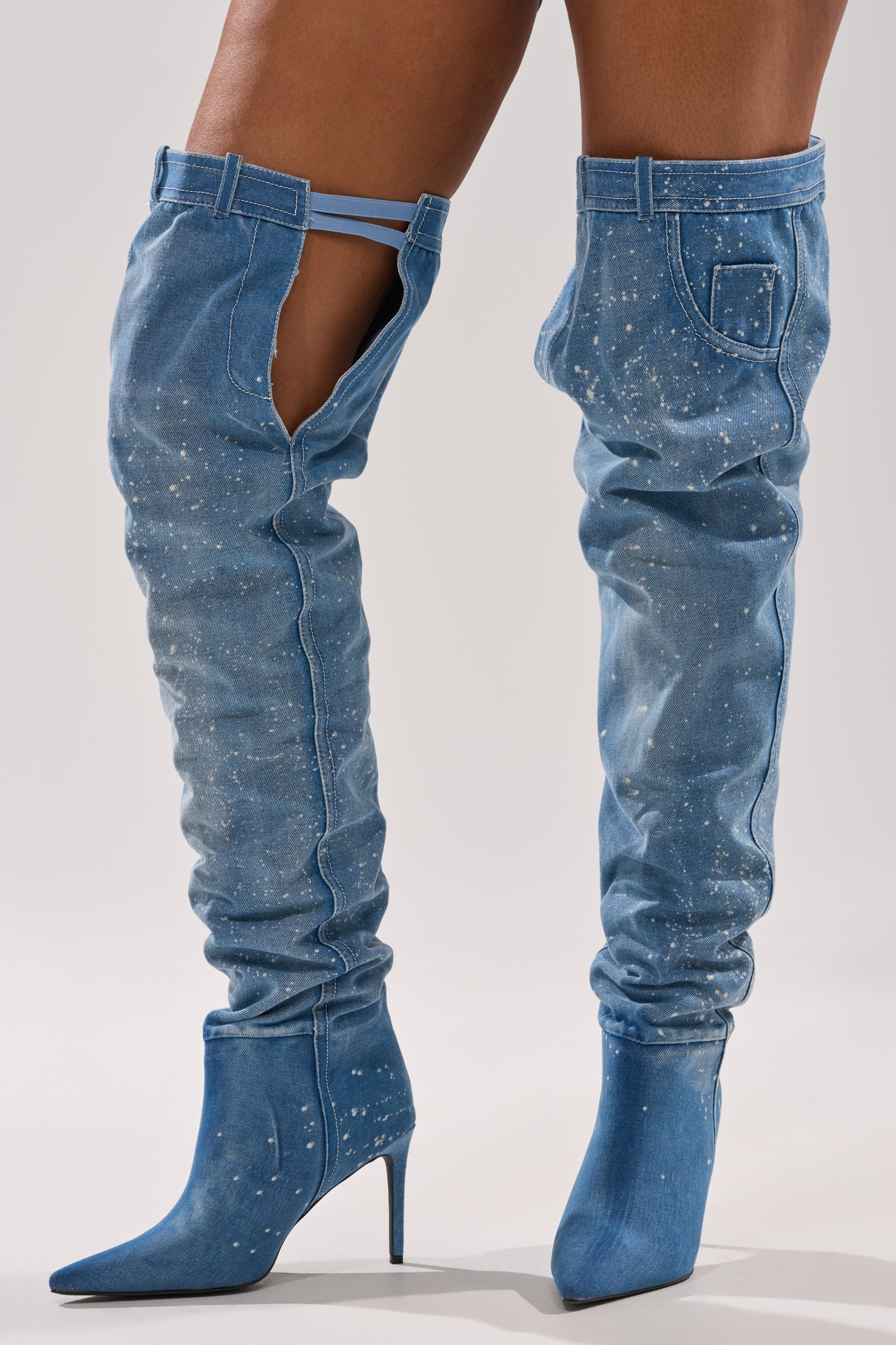 AZALEA WANG JEANNI DENIM SPLATTER PAINTED STILETTO BOOT