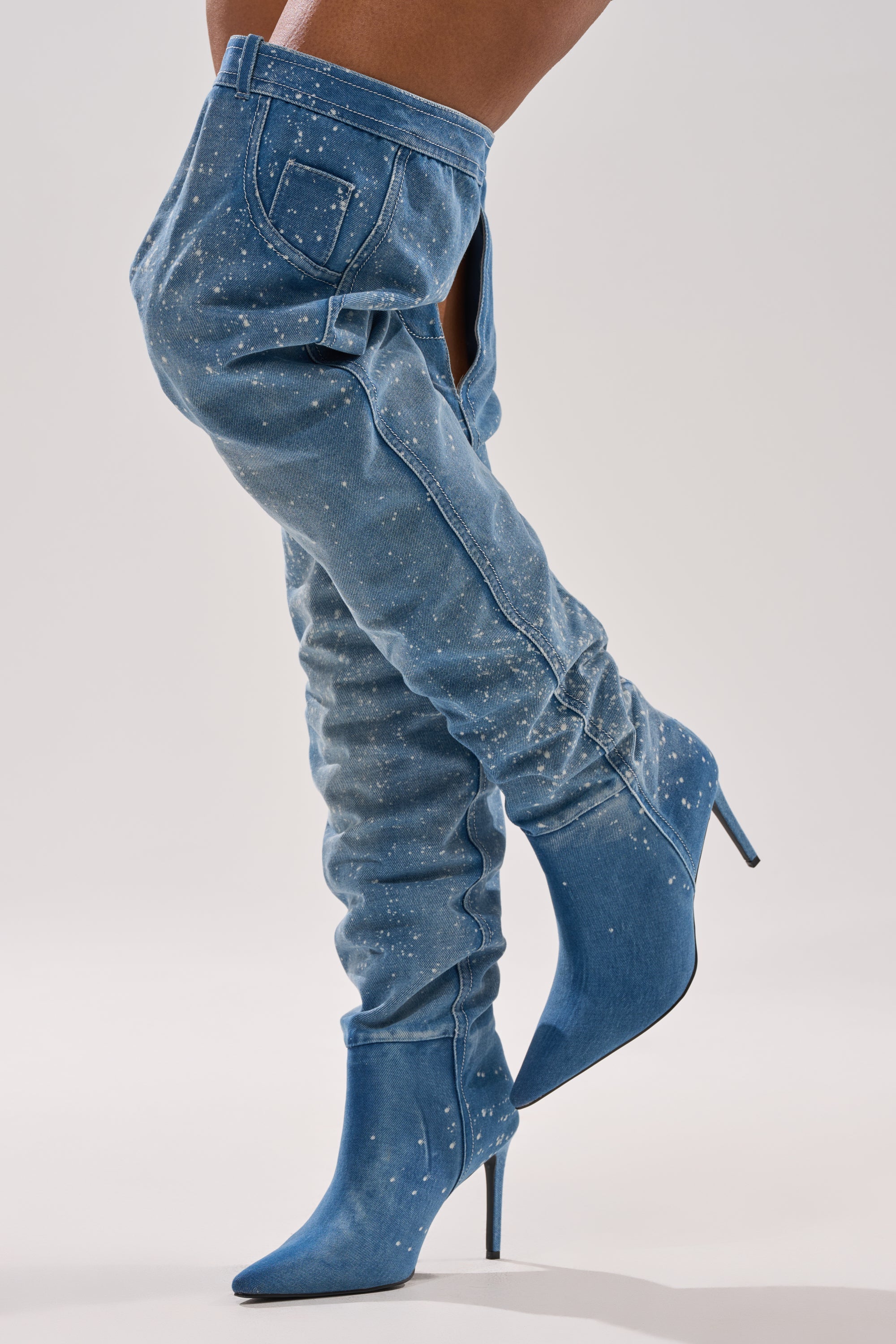 AZALEA WANG JEANNI DENIM SPLATTER PAINTED STILETTO BOOT