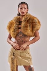 LUXE LIFE FAUX FUR SHAWL IN BROWN