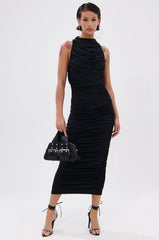 BUSINESS IN FRONT PARTY IN BACK MIDI DRESS IN BLACK
