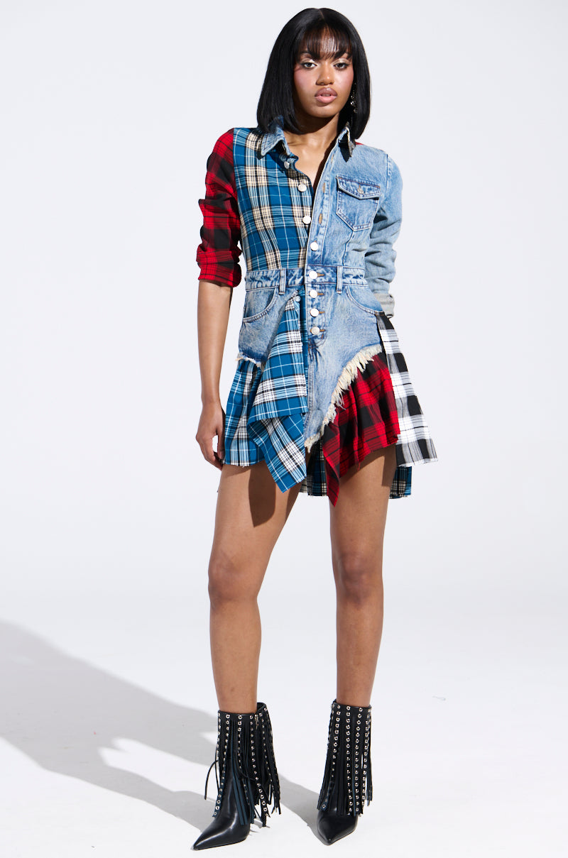 PATCHWORK PLAID DENIM MINI DRESS