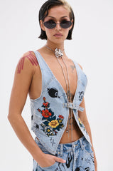 OUT OF MY LEAGUE DENIM HALTER TOP