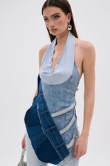 PATCHED UP COWL NECK DENIM HALTER TOP