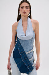 PATCHED UP COWL NECK DENIM HALTER TOP