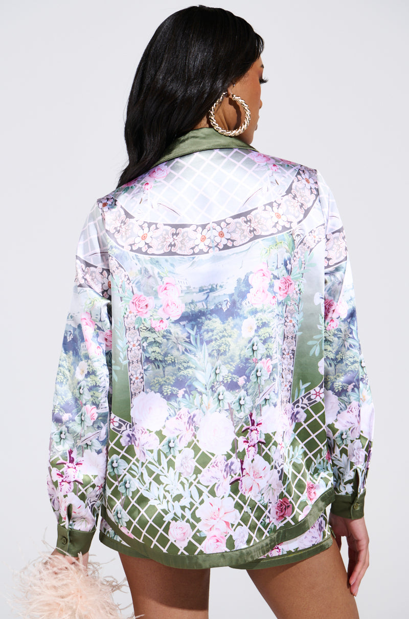 FLOWER PARTY SATIN BUTTON UP SHIRT