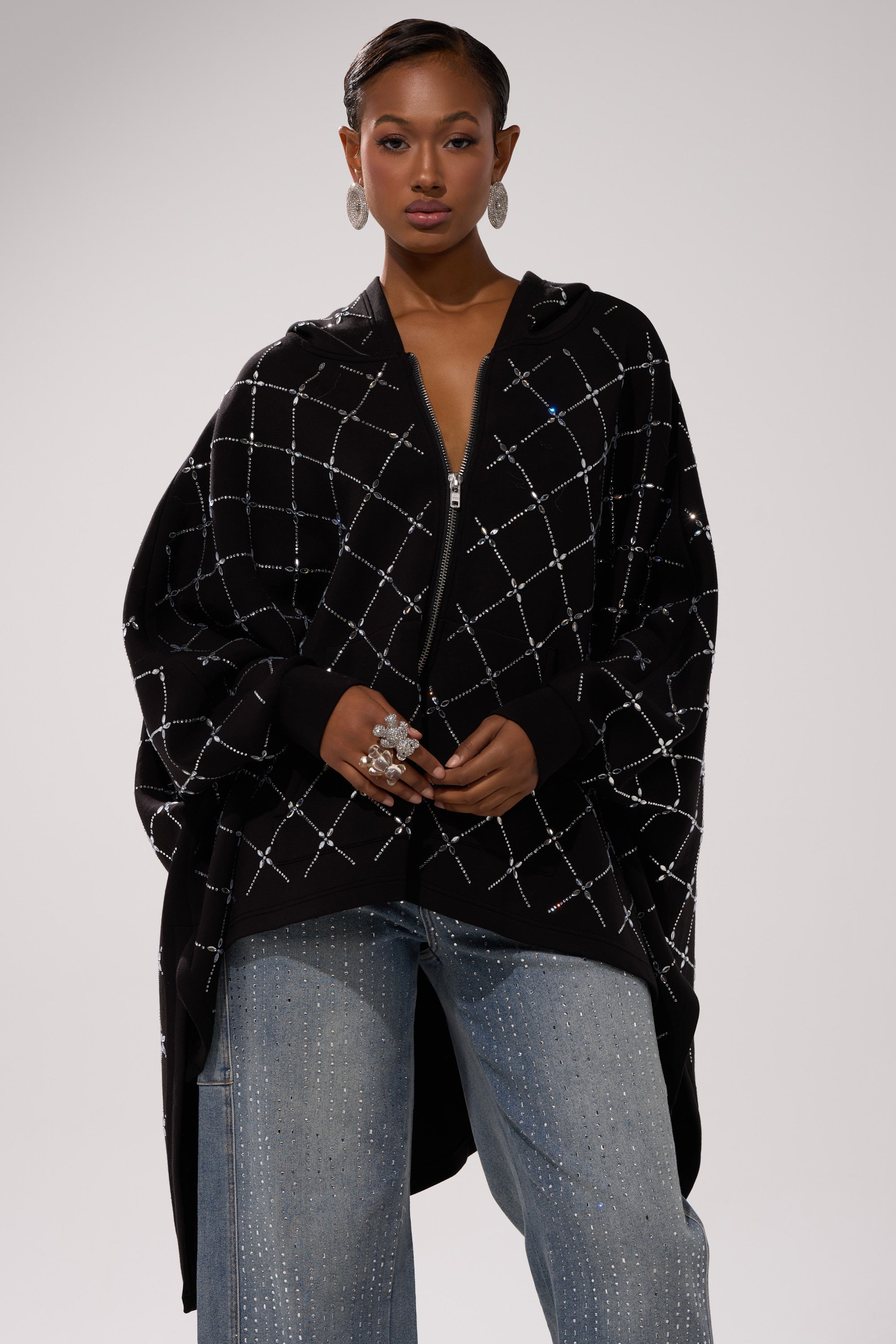 BLING BLING OVERSIZED ZIP UP SWEATSHIRT