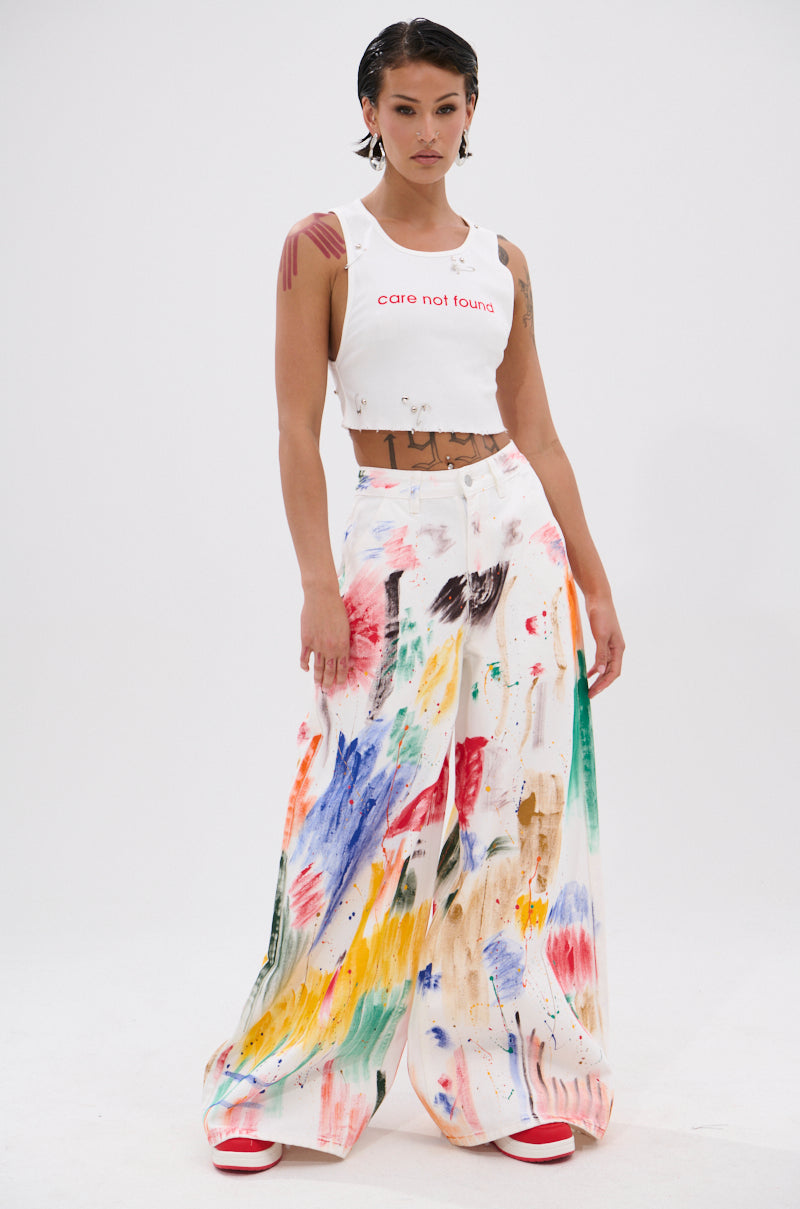 NEVER CARED DISTRESSED CROPPED TANK TOP