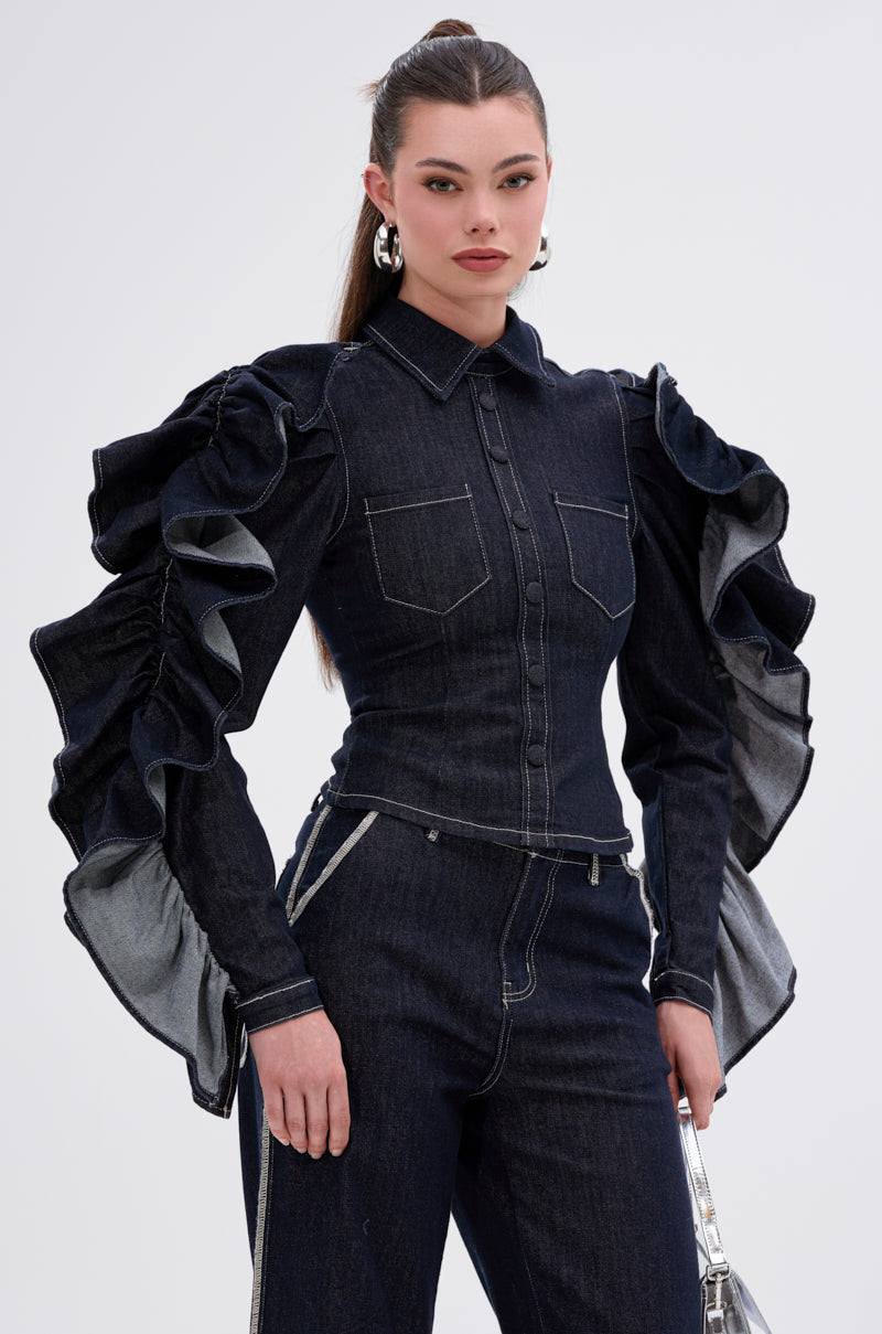 RUFFLED UP LONG SLEEVE DENIM TOP