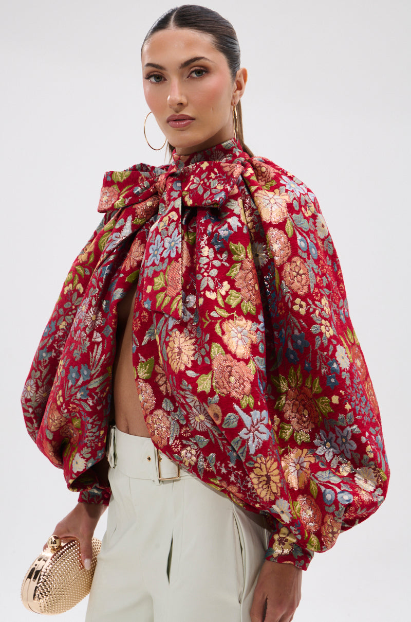 ETHEREAL FLORAL PUFF SLEEVE BROCADE TOP