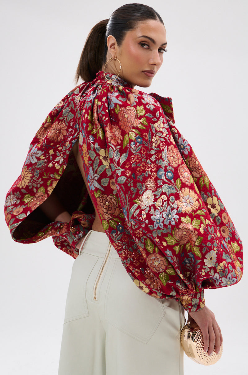 ETHEREAL FLORAL PUFF SLEEVE BROCADE TOP