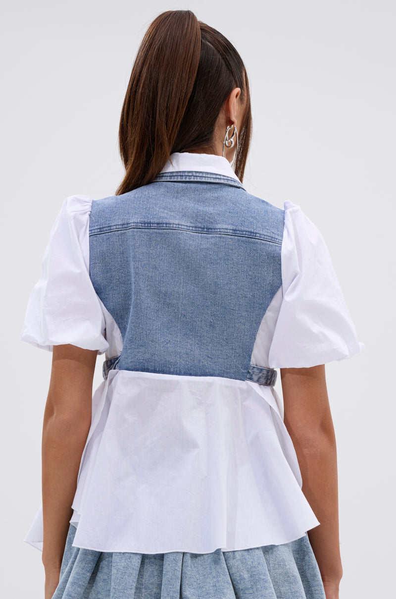 FAITH SHORT SLEEVE DENIM TIE POPLIN BLOUSE TOP