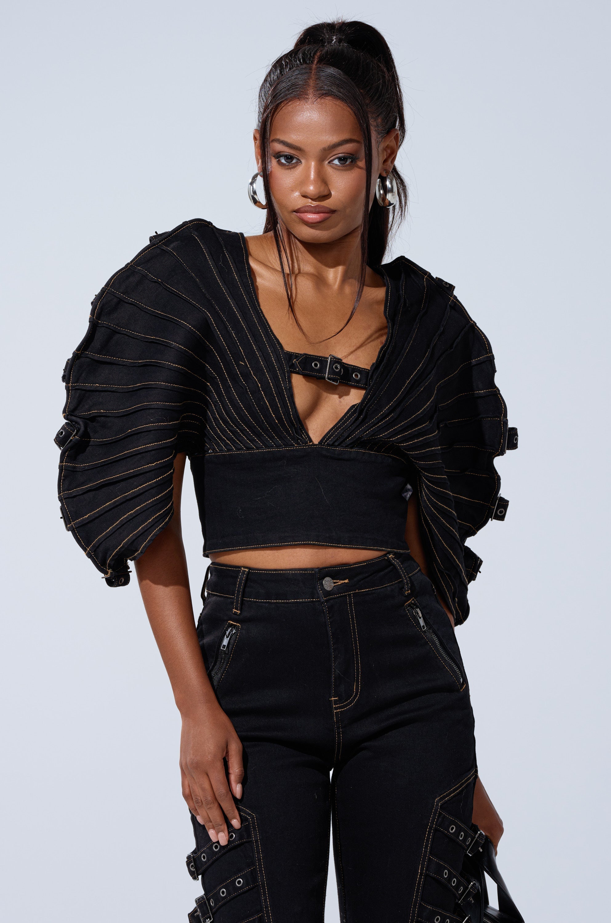 BUCKLE UP DENIM BLOUSE