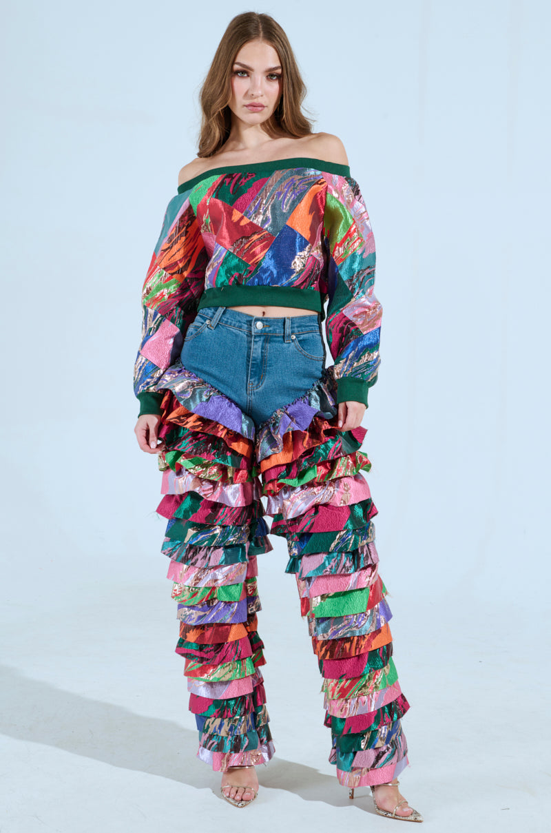 LIFE IS BUT A DREAM OFF THE SHOULDER MULTI PRINT SWEATSHIRT