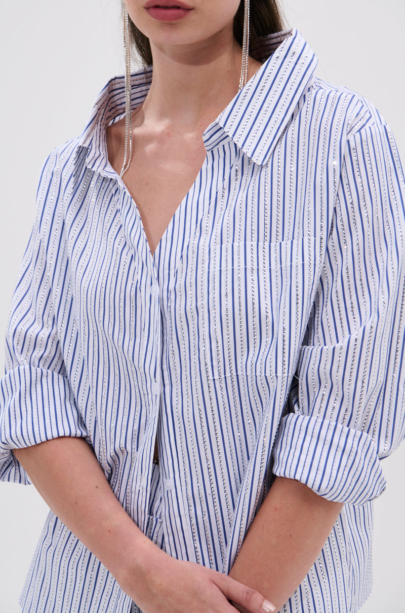 NOTHING BETTER STRIPE BUTTON DOWN WITH RHINESTONE