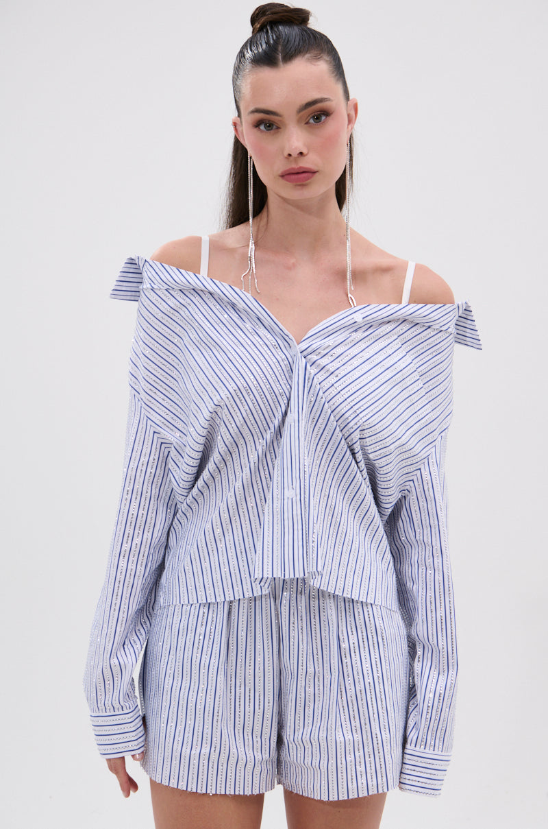 NOTHING BETTER STRIPE BUTTON DOWN WITH RHINESTONE