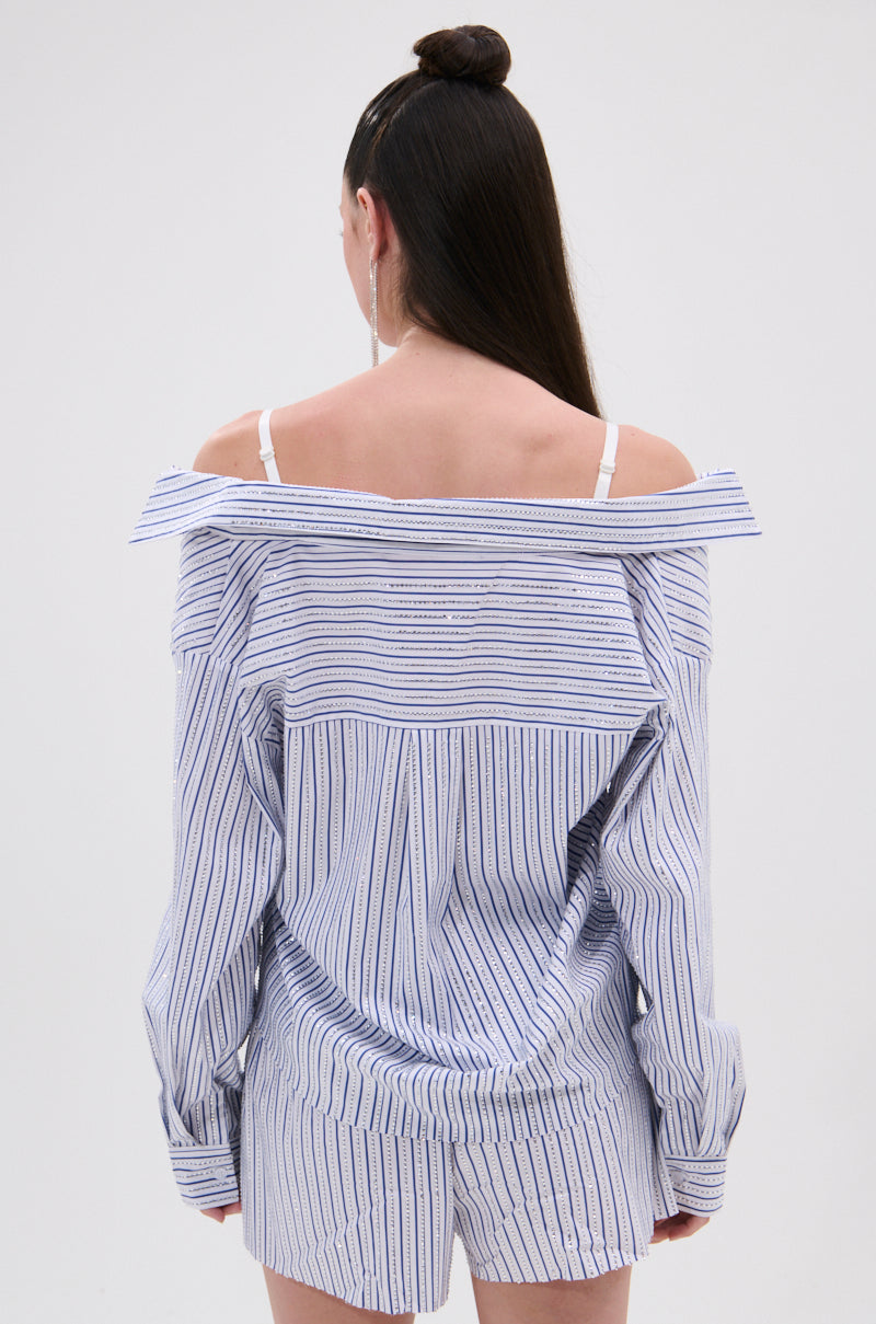 NOTHING BETTER STRIPE BUTTON DOWN WITH RHINESTONE