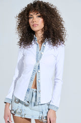 RIB KNIT DENIM TRIM BUTTON DOWN COLLARED SHIRT IN WHITE