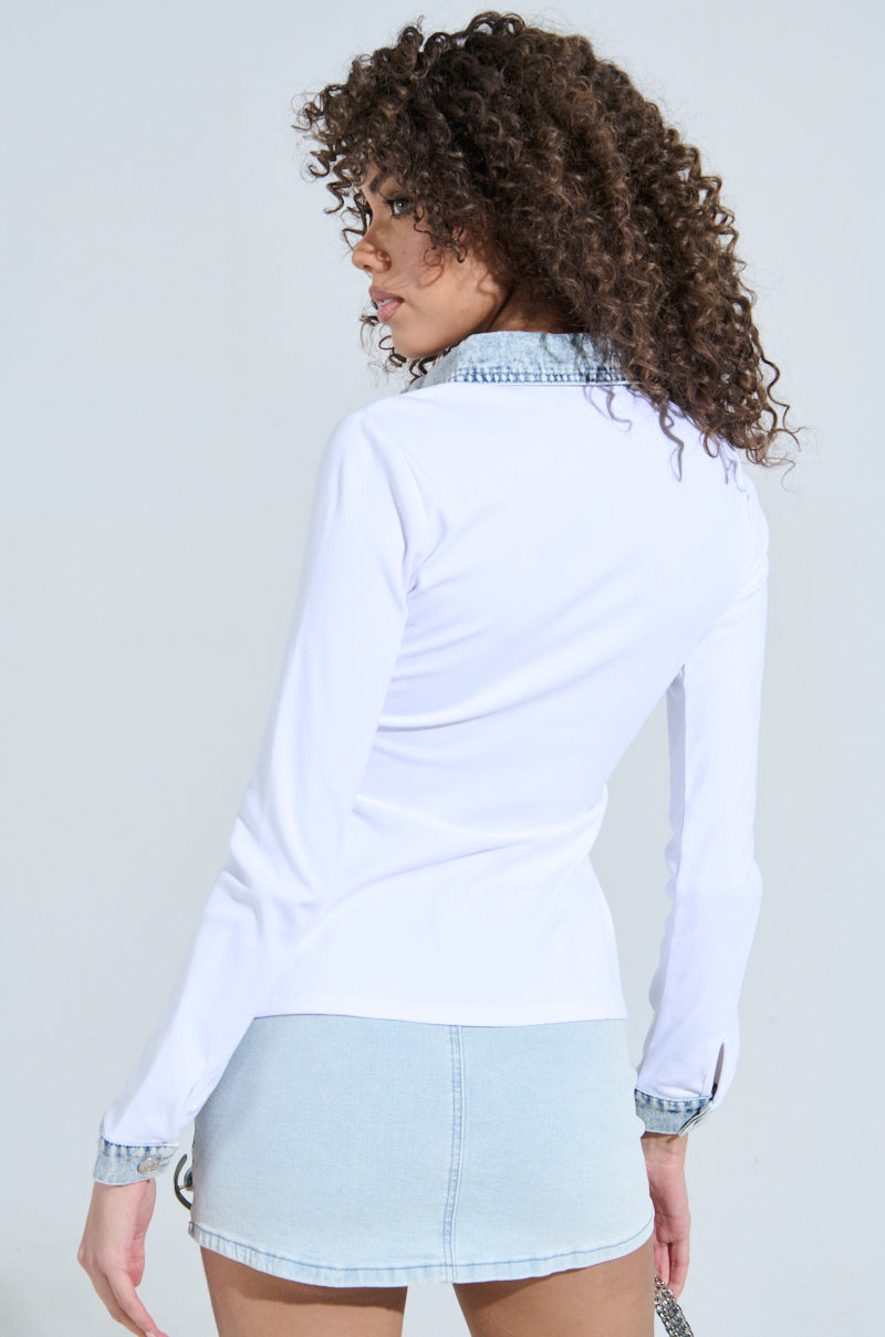 RIB KNIT DENIM TRIM BUTTON DOWN COLLARED SHIRT IN WHITE