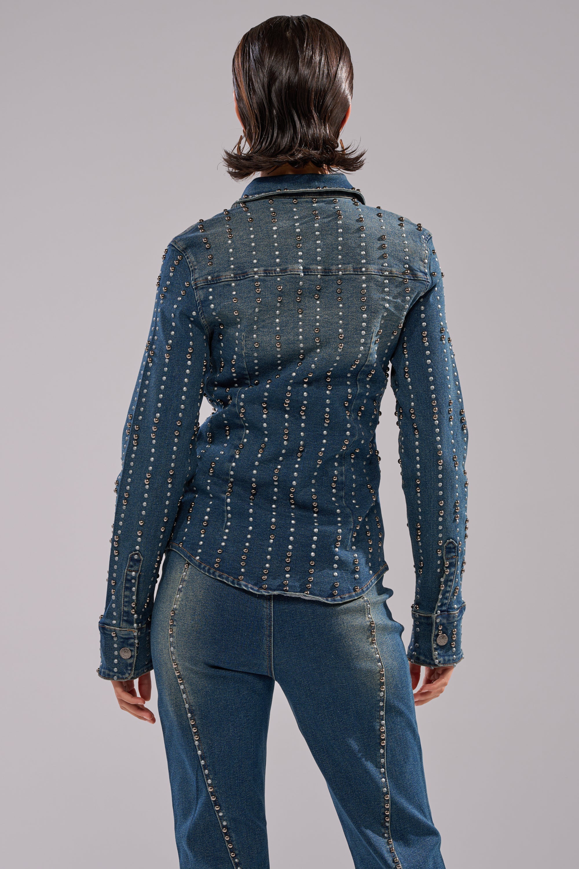 GLAMOUR STUDDED BUTTON DOWN DENIM TOP