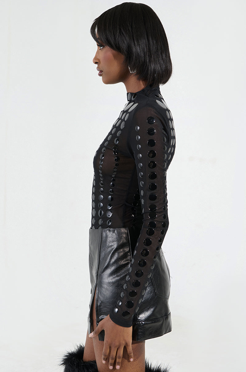 NOT MY FAULT LONG SLEEVE MESH BODYSUIT