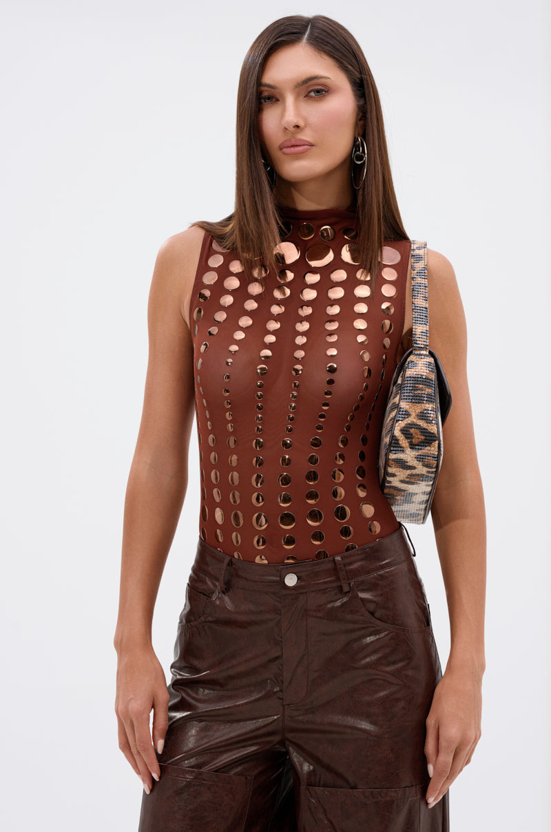 NOT MY FAULT SLEEVELESS BODYSUIT IN BROWN