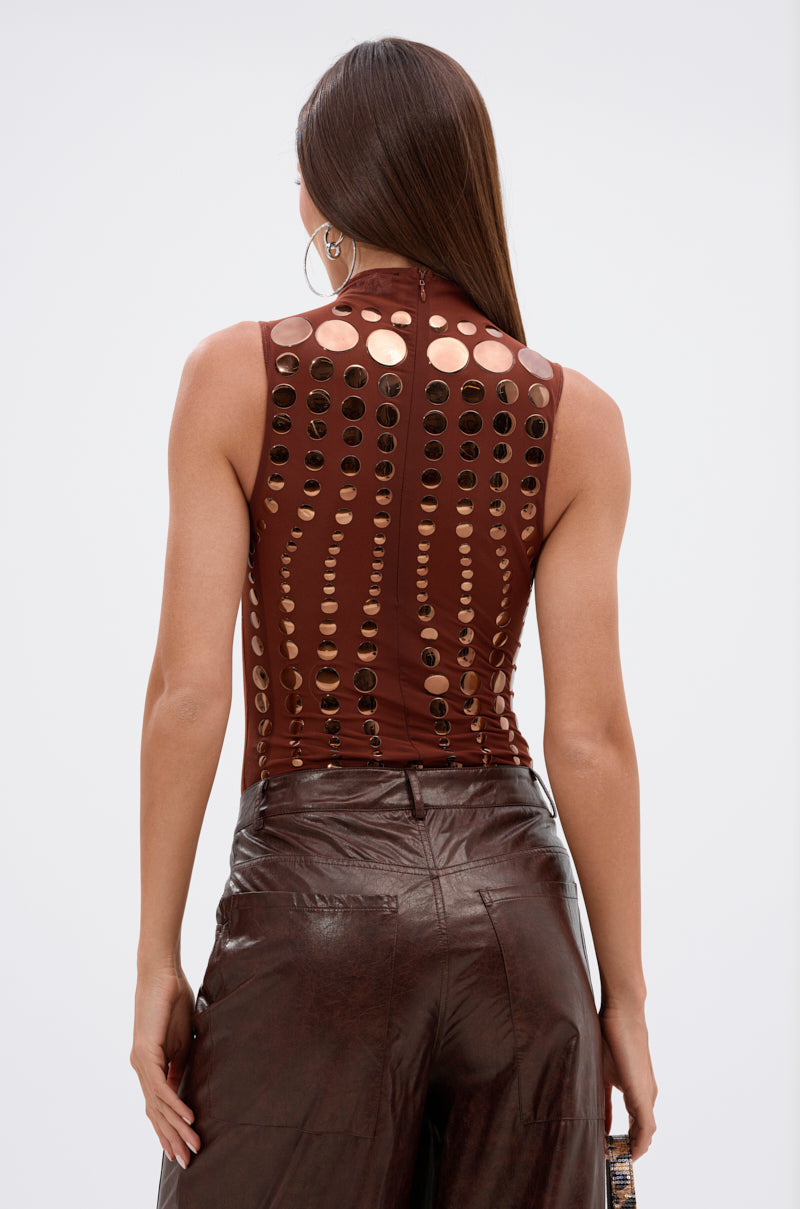 NOT MY FAULT SLEEVELESS BODYSUIT IN BROWN