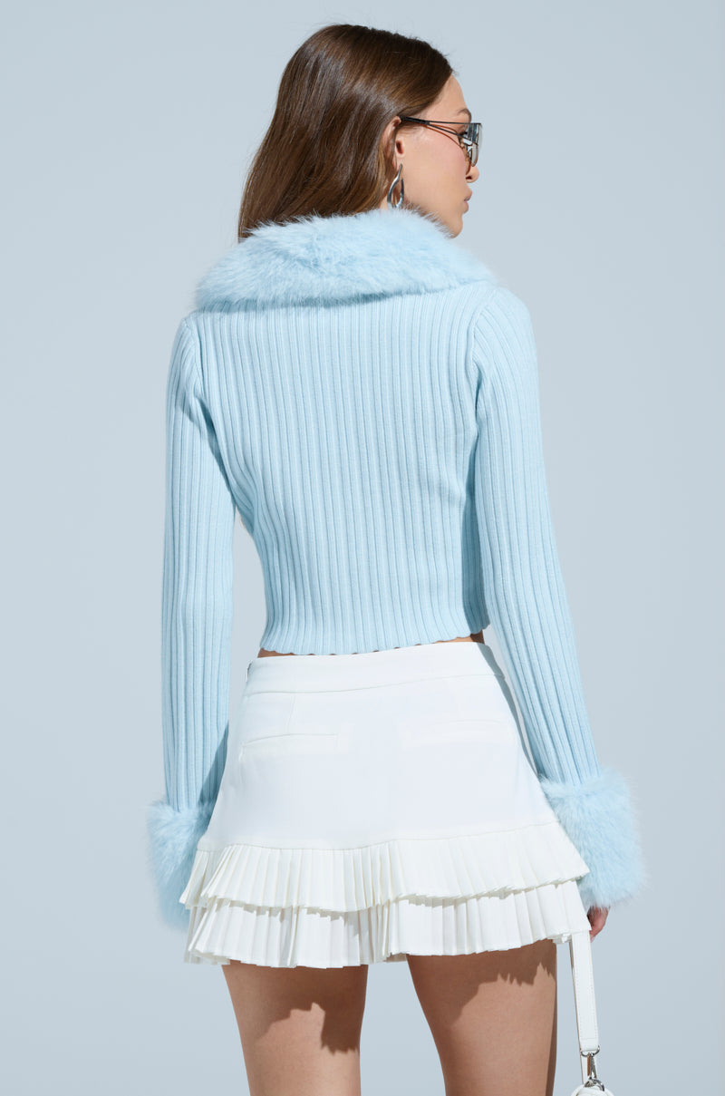 ANGEL EYES FUR TRIM CARDIGAN IN BLUE