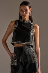 DANCE THE NIGHT AWAY FAUX LEATHER RHINESTONE BLOUSE
