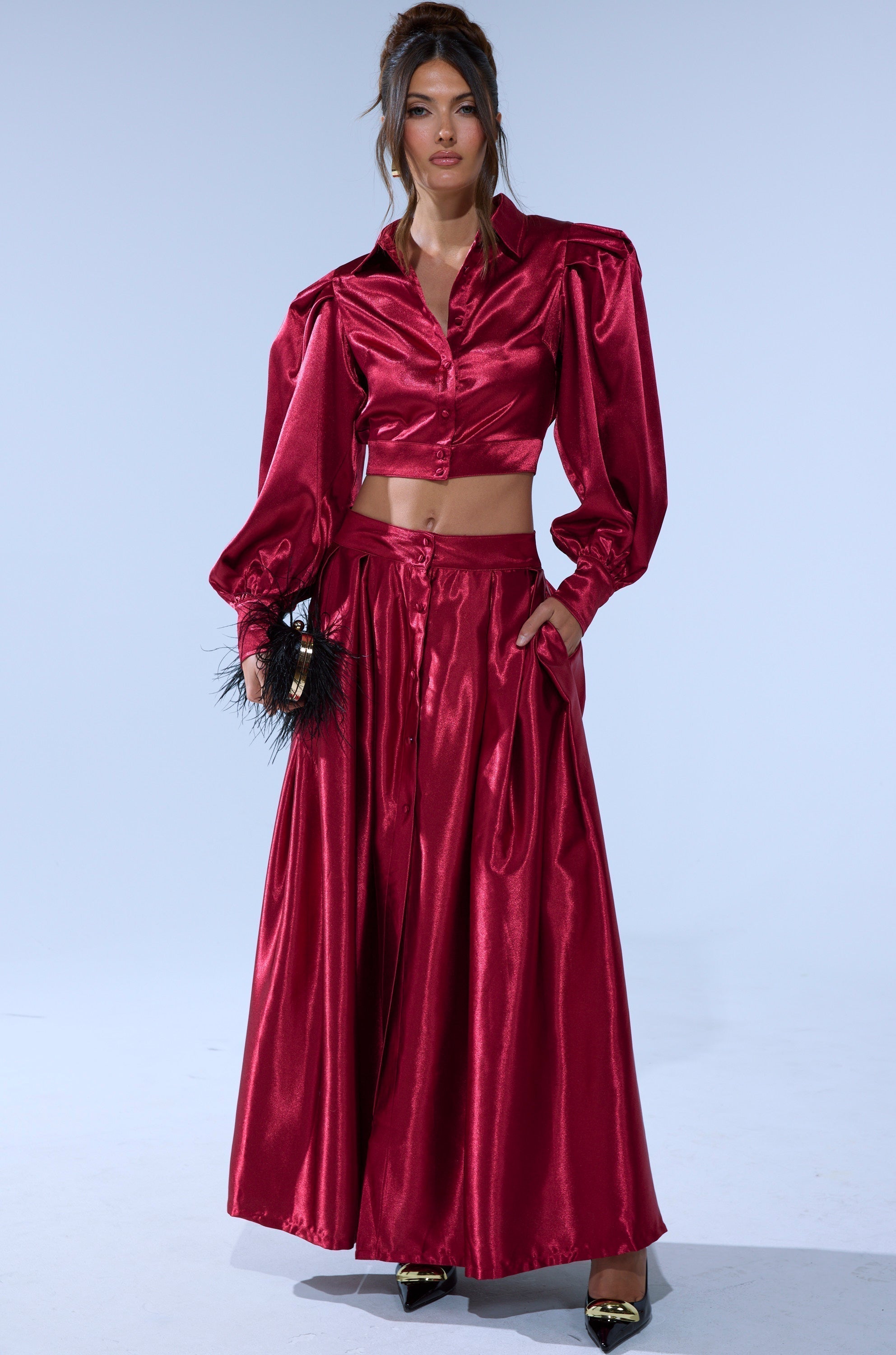 CANDICE OPEN BACK SATIN BUTTON DOWN SHIRT